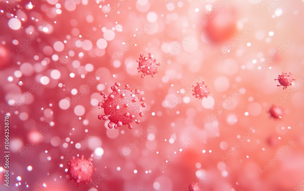 Poster abstract background with red virus cells floating in the air, blurred bokeh lights.