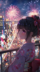 Obraz premium New Year's Eve in Anime Style: Couple Watching Fireworks Over the City