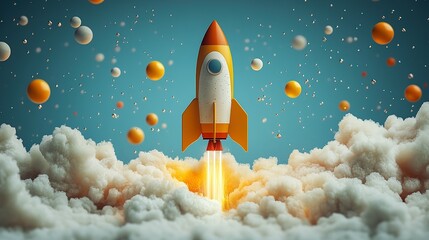 A Yellow and White Rocket Launching Through White Clouds and Orange Spheres