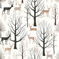 Enchanting Winter Woodland with Silhouettes of Deer and Trees