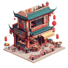 Traditional Asian Restaurant 3D Isometric Drawing l Cute Cartoon Old Store Design Illustration l Japanese Chinese Building on Street l Vintage Old Design 