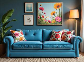 Surreal floral pillows, a vibrant contrast against the serene blue sofa, define the room.
