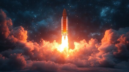 Rocket Launch Through Clouds and Stars