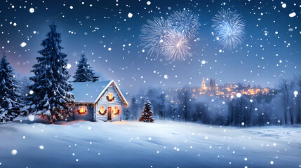 Fototapeta premium New Year’s Eve Fireworks in Anime Style: Midnight Cityscape Art
