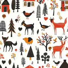 Obraz premium Scandinavian Folk Inspired Forest Animals and Houses Pattern with Hearts in Warm Autumnal Colors