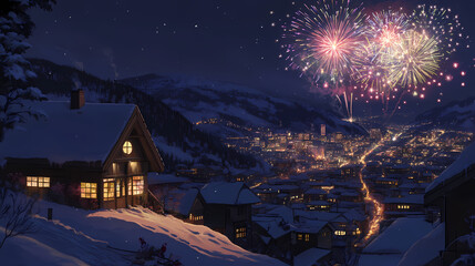 Naklejka premium New Year’s Eve Fireworks in Anime Style: Midnight Cityscape Art