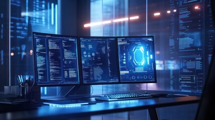 Obraz premium Modern Workstation with Triple Monitors Displaying Data and Code