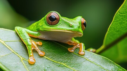 Obraz premium Green Tree Frog on Leaf.