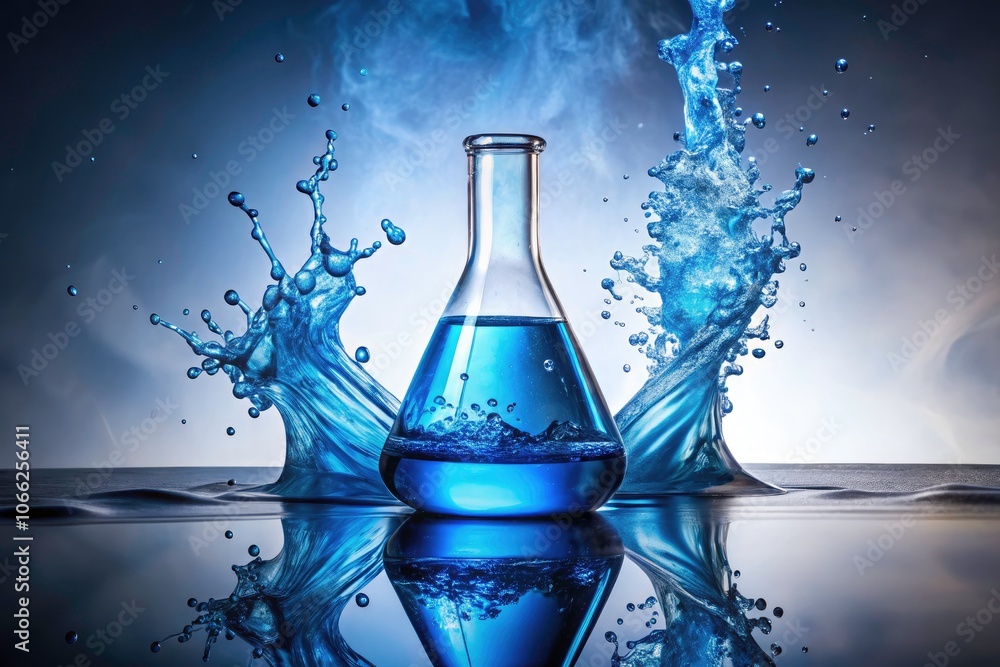 Poster dynamic double exposure of laboratory flask with vibrant blue liquid splashing on reflective surface