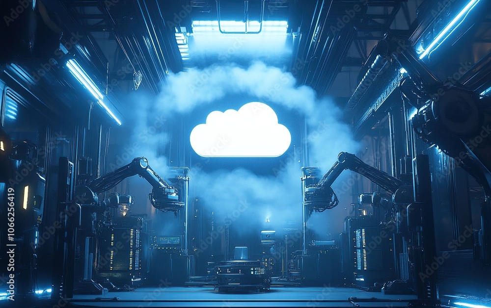 Poster futuristic industrial setting with robotic arms and a glowing cloud symbol in the center, representi
