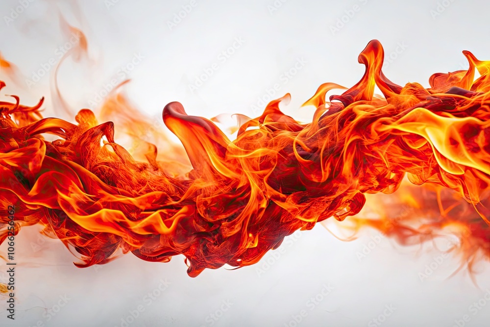 Poster dynamic fiery red flames with bokeh effect on white background, isolated fire power display, perfect