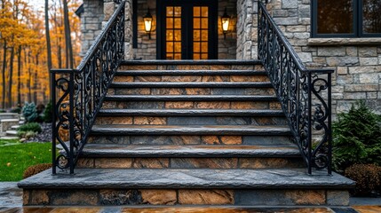 Elegant outdoor staircase with stone steps and decorative wrought iron railings.