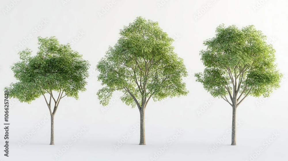Poster three vibrant green trees standing against a plain background generative ai