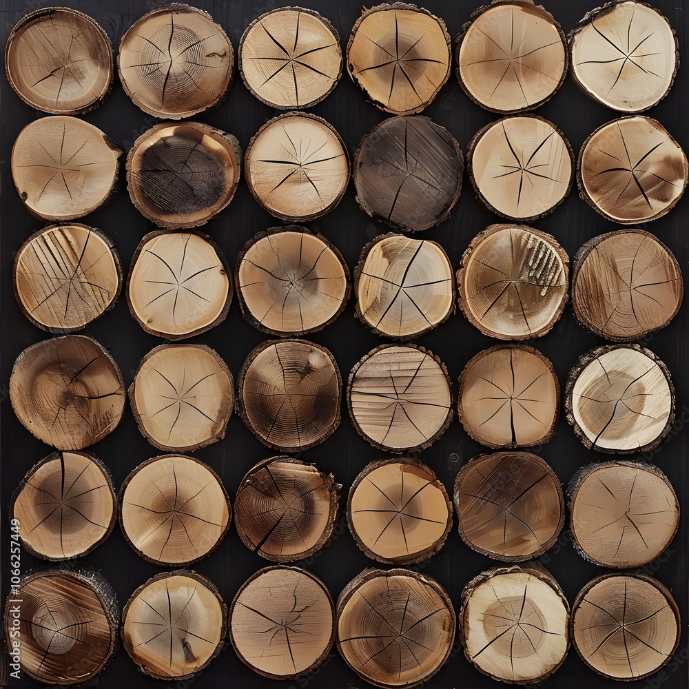 Poster a grid of wooden slices showcasing natural textures and patterns.