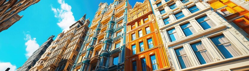 Fototapeta premium A vibrant view of colorful buildings against a bright blue sky, showcasing unique architectural styles and details.