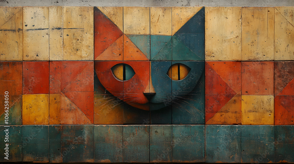 Poster a colorful, geometric depiction of a cat's face, crafted with textured panels in warm tones, creatin