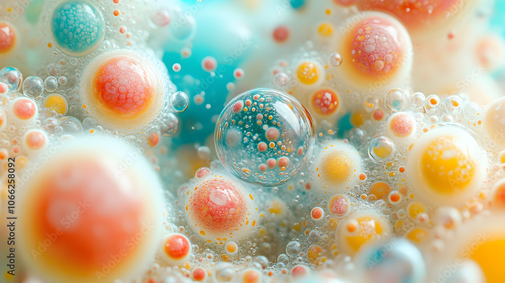 Poster a vibrant close-up of colorful bubbles in various sizes, showcasing a dreamy texture and captivating