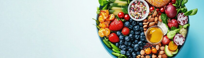 A vibrant assortment of fresh fruits, vegetables, nuts, and grains arranged in a bowl, showcasing healthy eating and colorful nutrition.