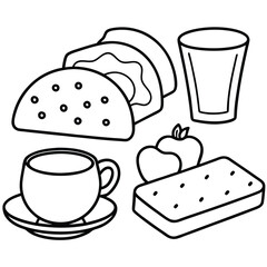 Line Art Breakfast food dish collection in white background
