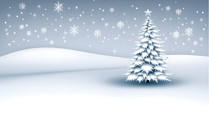 Obraz premium A serene winter scene featuring a snow-covered landscape with a single evergreen tree amidst gentle snowfall.