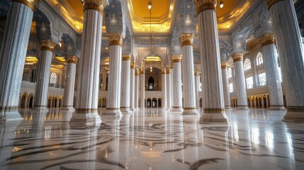 Fototapeta premium The empty marble pillars of the Grand Mosque, capturing their grandeur without the usual crowds of pilgrims.