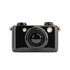 Sleek Glossy Black Camera Icon with Lens Details on White Background