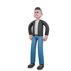 3D Model of Music Performer Character. A male musician stands straight with both hands beside his waist. Singing Talent
