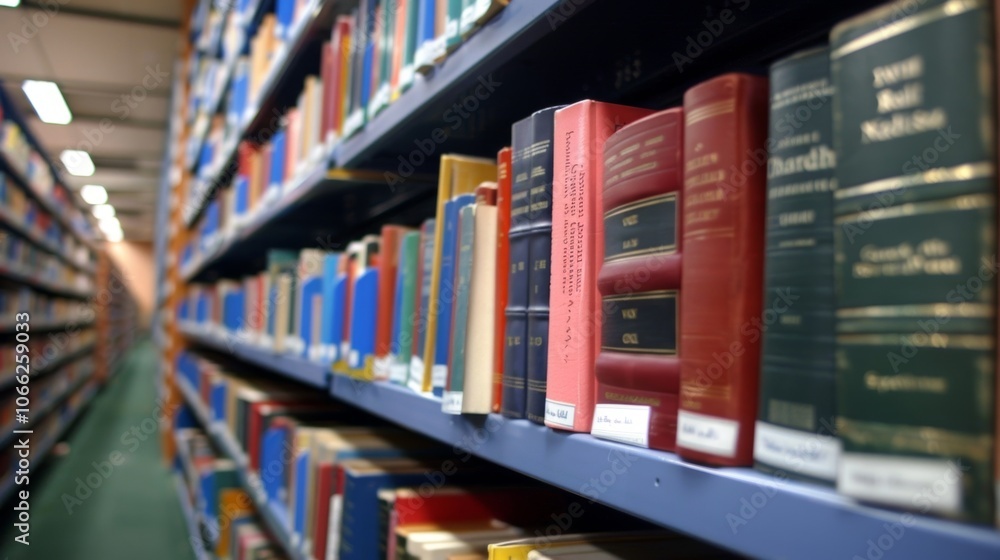 Poster rows of colorful textbooks are neatly organized on a blue bookshelf, inviting students and researche