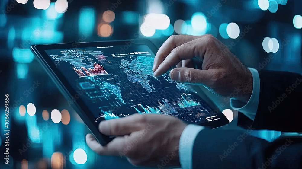 Poster man analyzing digital business graphs on tablet, showcasing data visualization and analytics in mode