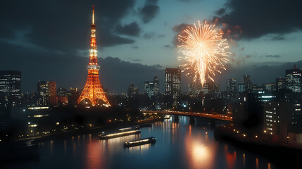 Obraz premium New Year's Eve in Anime Style: Couple Watching Fireworks Over the City