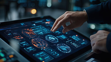 Obraz premium man analyzing interactive business data on touchscreen display, showcasing graphs and charts. environment is modern and tech focused, emphasizing data driven decision making