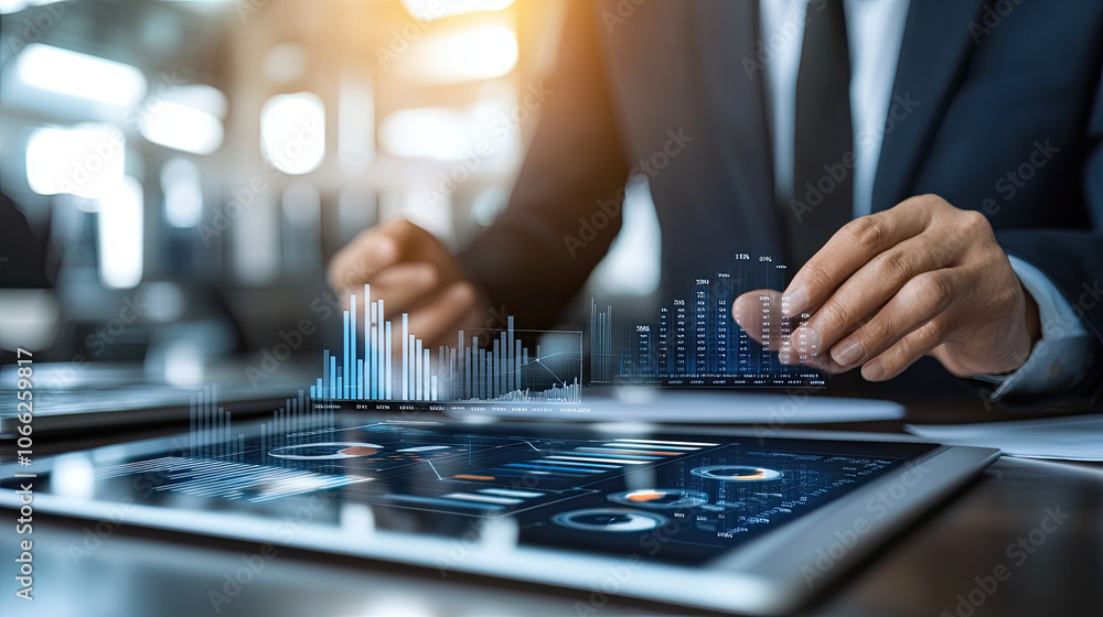 Poster man in business suit presenting digital graphs and data analysis, showcasing modern technology in pr