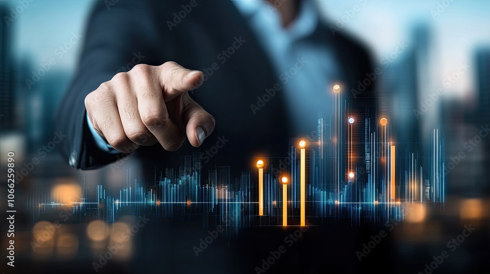 Poster man in suit pointing at digital screen displaying data trends and graphs, showcasing business analyt