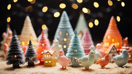 Holiday Chicken illustration with Christmas Trees and lights ~ Created using Generative AI