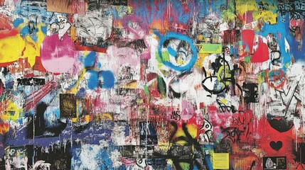 Naklejka premium Urban wall covered with layers of graffiti, featuring bold and vibrant spray paint tags and large-scale street art designs. A chaotic yet captivating background.