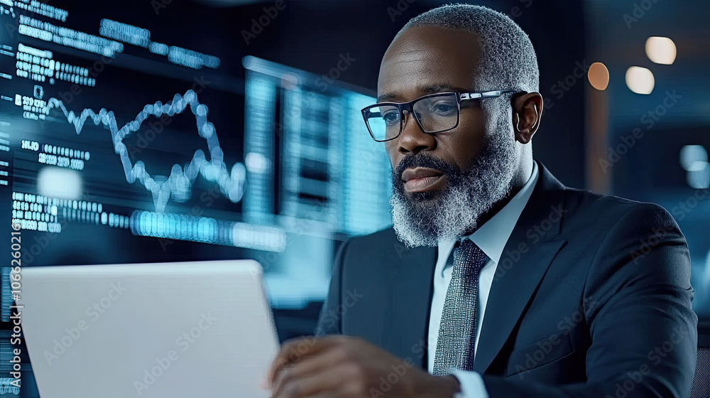 Poster professional man analyzing digital financial reports on laptop, focused and engaged in his work. bac