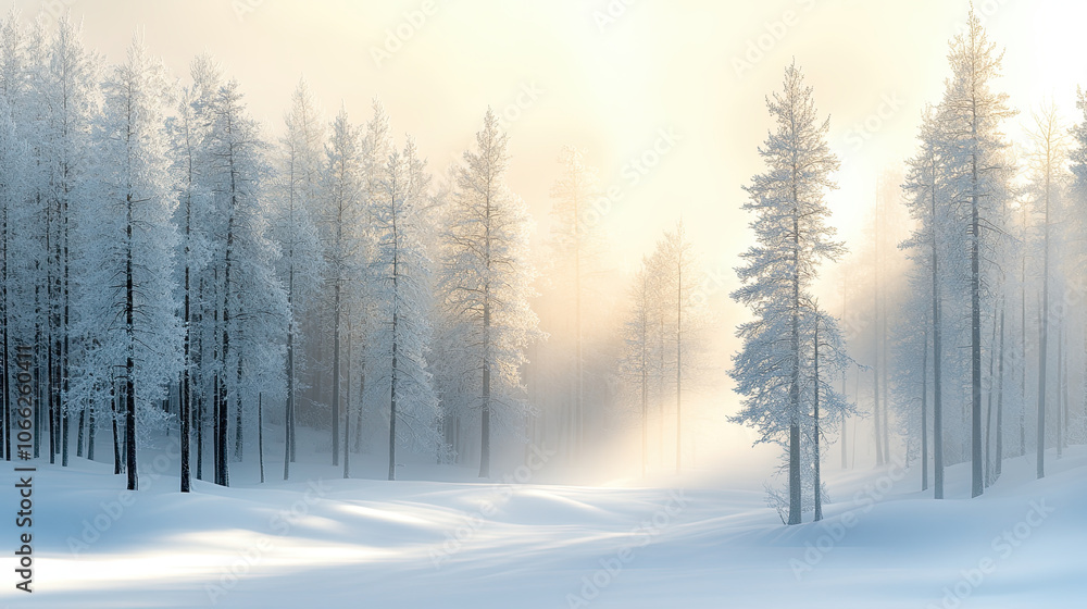 Poster tranquil snowy forest with tall evergreen trees, enveloped in mist and soft light, creating serene w