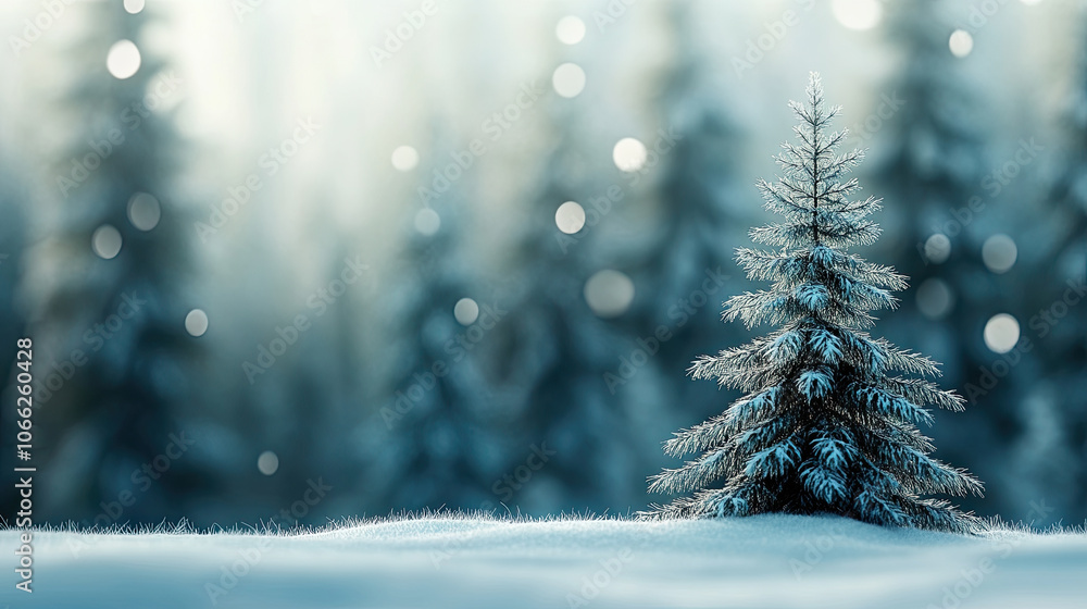 Poster tranquil snowy forest scene featuring tall evergreen tree surrounded by soft snow. gentle bokeh effe