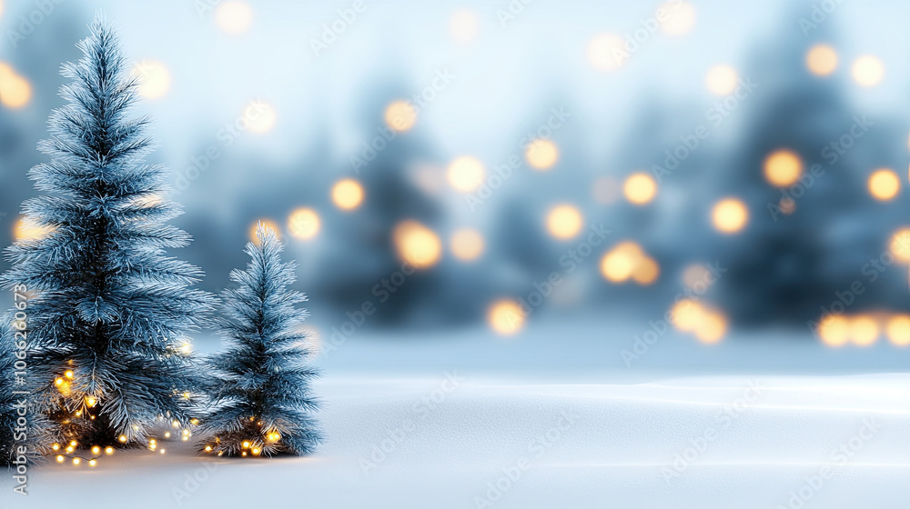 Poster serene snowy forest scene featuring tall evergreen trees adorned with soft glowing lights, creating 