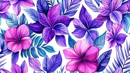 Fototapeta premium Vibrant Tropical Floral Pattern Purple Pink Flowers Leaves Seamless Design