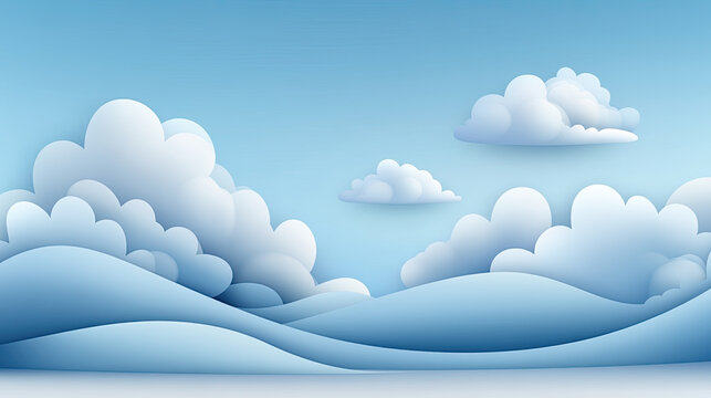 Soft, fluffy clouds float in serene blue sky above gentle rolling hills, creating peaceful and calming atmosphere. Ideal for backgrounds or serene themes