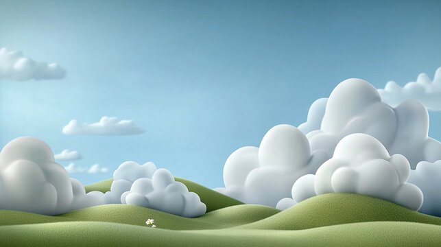 Expansive blue sky dotted with soft clouds over rolling green hills, creating serene landscape