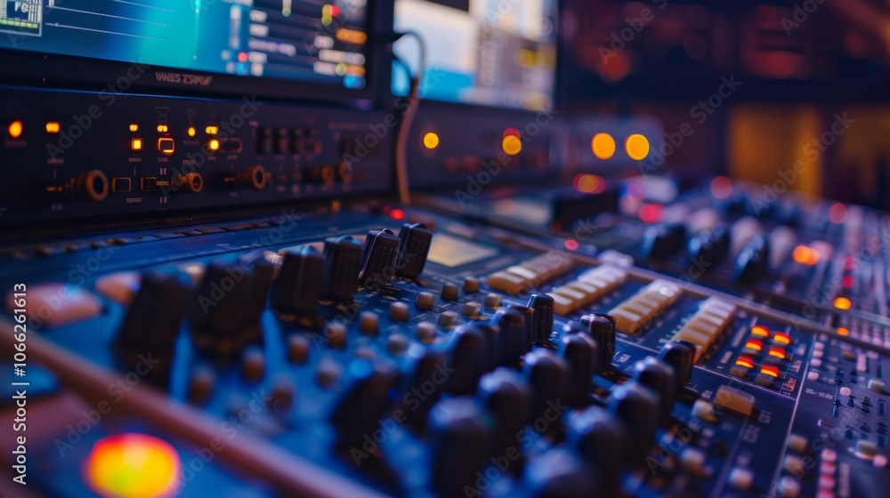 Poster professional audio mixer with many buttons and knobs is illuminated with blue light, creating a high