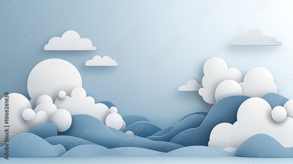 Poster expansive blue sky with soft clouds creating serene and calming atmosphere. layered design adds dept