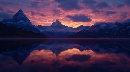 Mountain Range Reflected in Still Water at Sunset