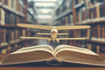 Airplane Model on Vintage Book in Library for Educational History, Celebrating Wright Brothers Day and International Civil Aviation Day