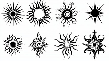 Tribal Sun Tattoo Designs Eight Black Ink Sunburst Illustrations