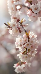 Fototapeta premium Cherry blossoms in soft focus, pastel pink and white petals on a blurred background