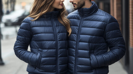 Caucasian man and woman wearing matching navy blue puffer jackets for winter season fashion , two people next to each other showing the beautiful dark blue color of their coats