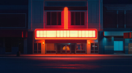 Movie theatre exterior building with red empty lightbox sign with copy space